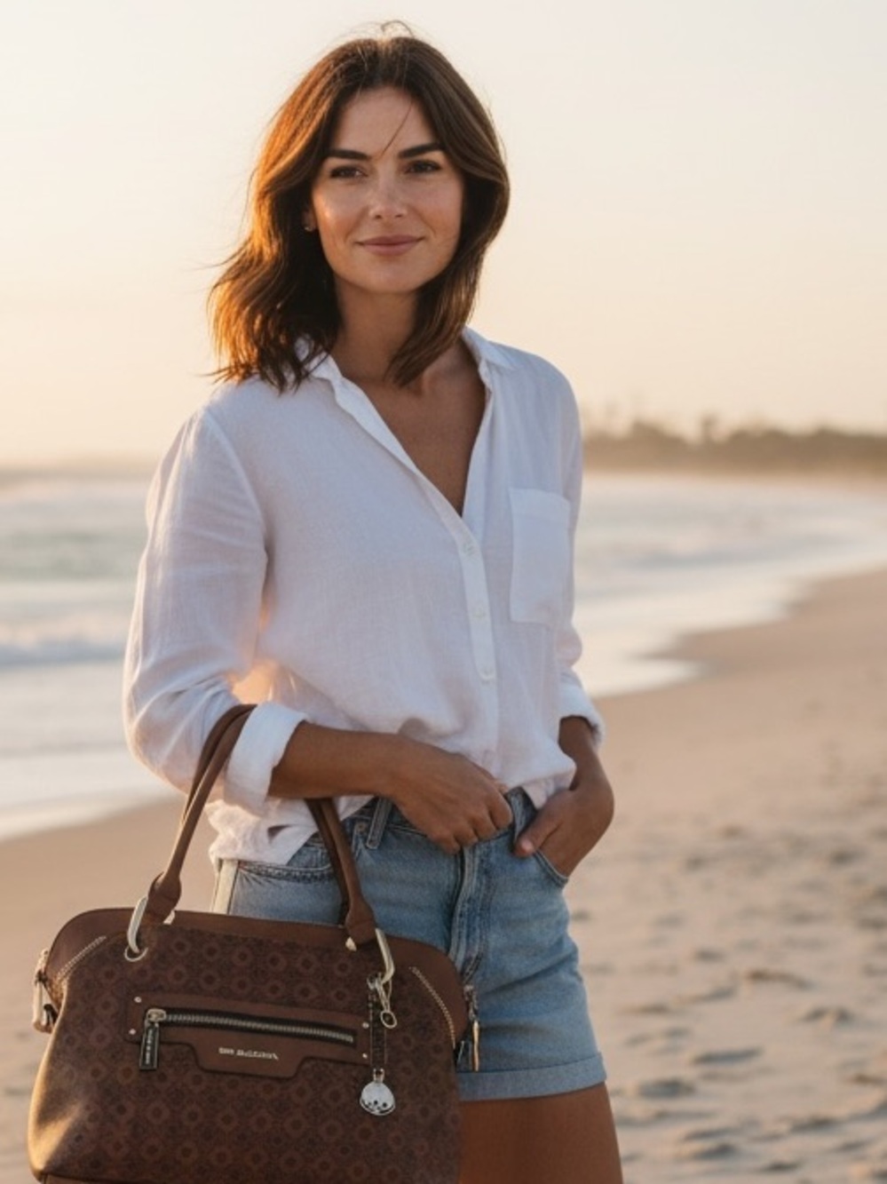 Big Buddha Brown Patterned Satchel with Gold Hardware
